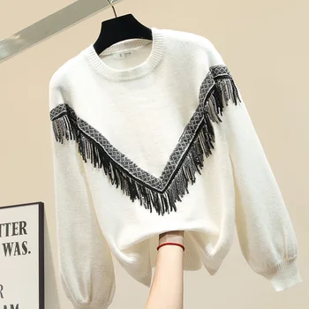 

Heavy Beaded Fringed Sweater Autumn Winter Women Knitting Pullovers Top Long Sleeve Knitted Sweaters Girls Lady Loose Knit Shirt