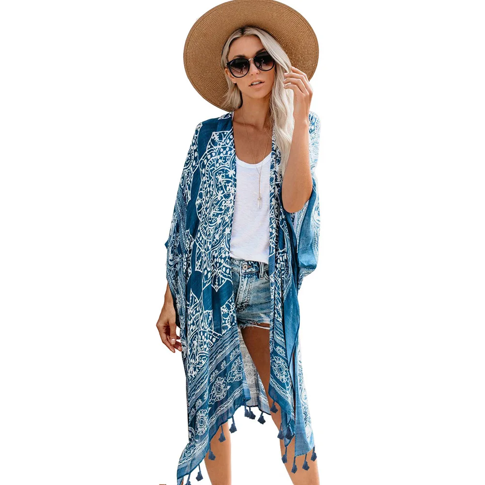 Shi ying Hawaii Seaside Holiday Printed Tassels Kimono Blouse Cardigan Mid-length Beach Jacket Women's 85283 |