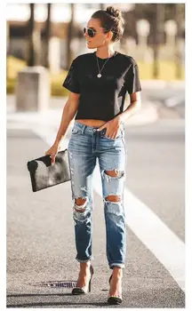 

2020 Fashion Ripped Jeans Women Slim High Waist Jeans Cotton Summer Autumn Casual Streetwear Denim Pencil Long Pants Skinny