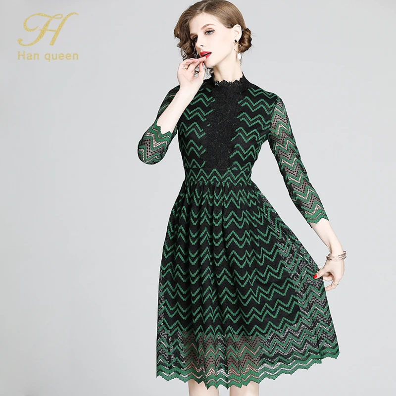 green H Han queen, весеннее кружевное платье, модное, винтажное, в стиле пэчворк, с вырезами, элегантное, тонкое, для женщин, для вечеринок, для работы, повседневное, Vestidos - Цвет: green