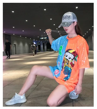 

Fashion Cartoon Pattern Casual Sequin T Shirt Women Sequin Jersey Shirt