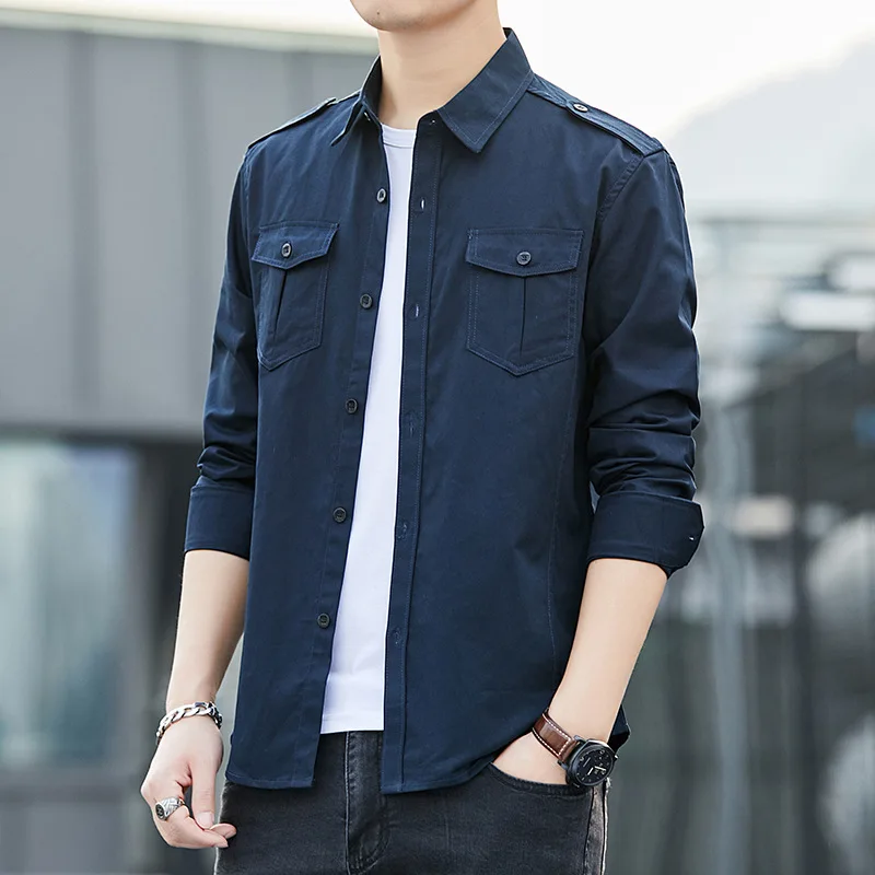 #4739 Khaki Blue Green Casual Military Cargo Shirt For Men Long Sleeves Slim Fit Men's Shirts Cotton Lapel Collar Plus Size 5XL | Мужская