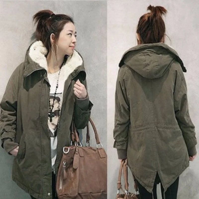 

Winter Hooded Women's Parka Plus Size Women Coat Military Army Green Black Thick Warm Fleece Mid Long Vintage Jacket Female