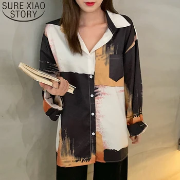 

Blouse women 2019 long sleeve shirts for women tops chiffon blouse priting Printed pocket buttons V-Neck harajuku shirt 7134 50