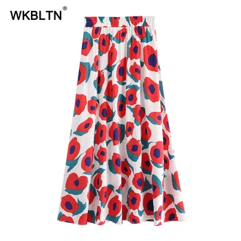 

Floral A-Line Skirt Half Length Elastic Women Skirt Printed High Waist Elegant Skirt 2020 Spring Autumn Midi Skirt