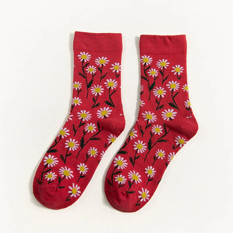 Красивый жаккард с принтом/растения, цветы, рисунок, искусство, носки для женщин, Одуванчик/Подсолнух, модные мягкие кальцитовые носки - Цвет: Красный