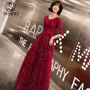 

Skyyue Appliques Evening Gowns Burgundy A Line Women Party Dresses O-Neck Vestidos K268 Half Sleeve Floor Length Evening Dresses