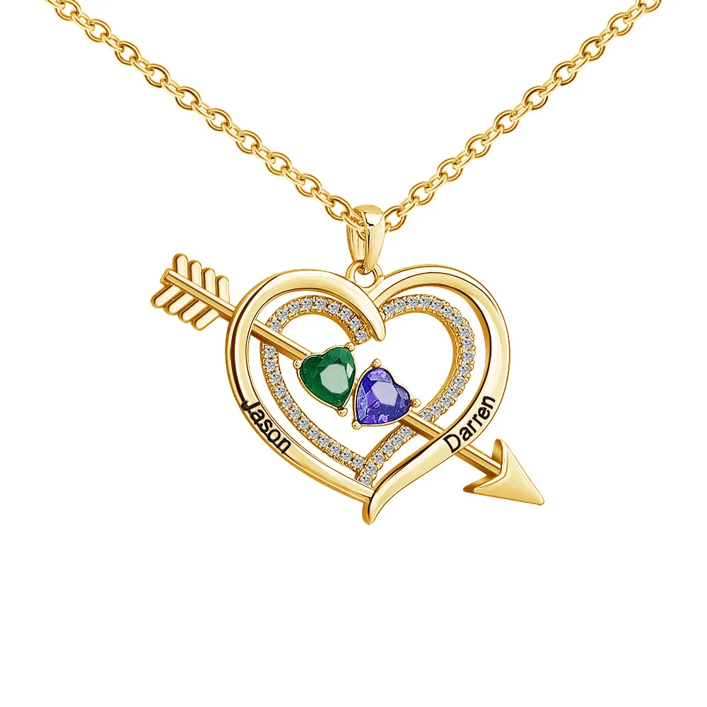 

Personalized Name Necklace with 2 Birthstones Custom Engraved Heart Pendant Cupid's Arrow Necklace for Valentine's Day Gift