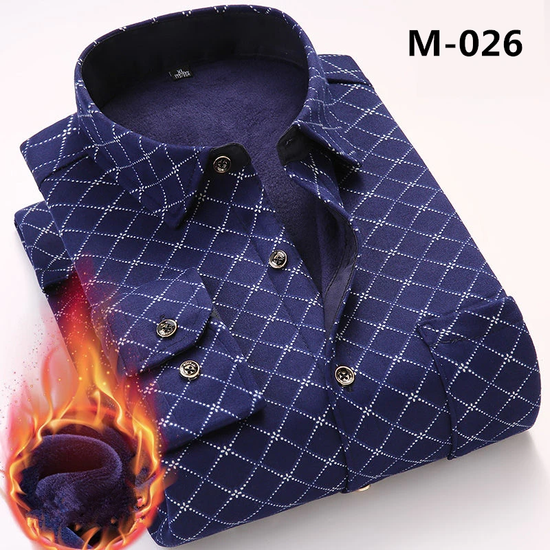 Fashion Men's Print Plaid Warm Thick Velvet Fleece Shirts Winter Long Sleeve Dress Shirt for Men Soft Flannel Camisa Masculina - Цвет: M-026