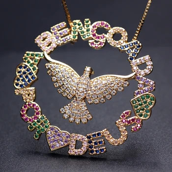 

Big Round Pendant Necklaces Full Paved Colorful Cubic Zirconia Heart Letter Eagle Gold Chain Women Party Necklace Wholesale