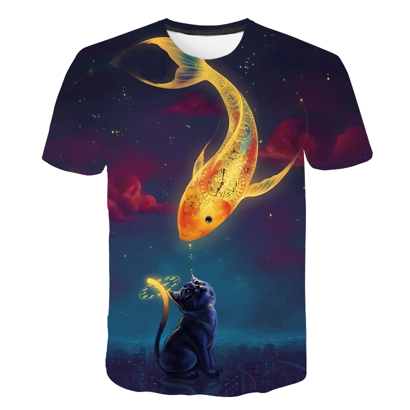 

Charmed 3D Cat Hanging Fish Print Casual Harajuku T-Shirt Summer Short Casual Round Neck Cheap Clothes China Top Mode Man Top