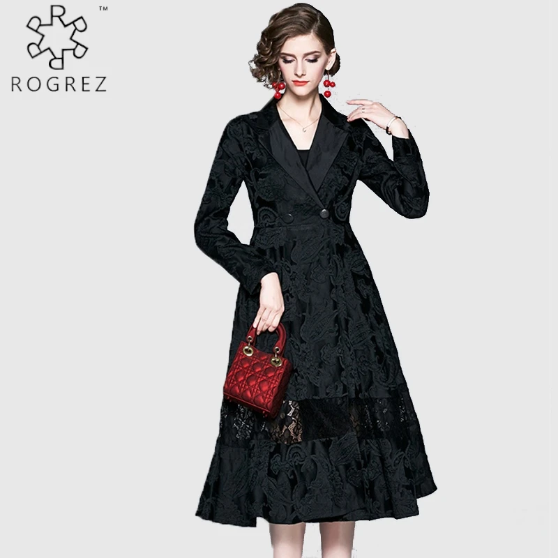 

ROGREZ Black Elegant Autumn Winter Long Coat Women Cardigan Embroidery Lace Double Breasted X Long Coats