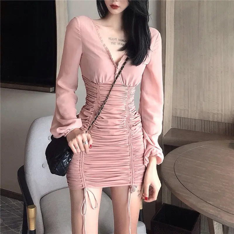 

Sexy Lace Patchwork V Neck Lantern Sleeve Slim Dress 2021 Autumn Women Draped Drawstring Mini Dress Female Party Dresses