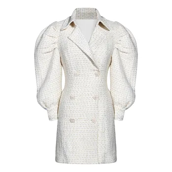 

Ladies Elegant Double-breasted White Blazer Office Dress 2020 Spring Long Puff Sleeve Short Slim Wool Dress Women