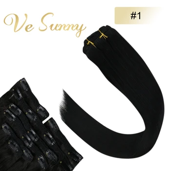 

VeSunny Clip in Hair Extensions Human Hair Double Weft Machine Made Remy Hair 7pcs Clip on Extensions Black Color 120gr
