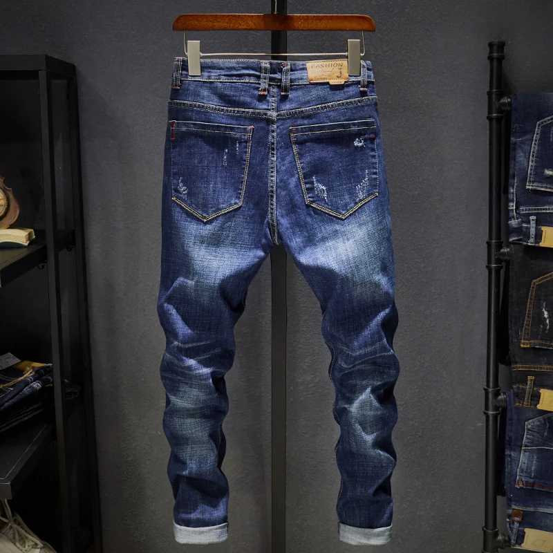 Moto & Biker Jeans for men dark blue stretch slim fit distressed ripped denim pants men clothes long trousers hip hop frayed,men jeans,ripped jeans,ripped patchwork jeans