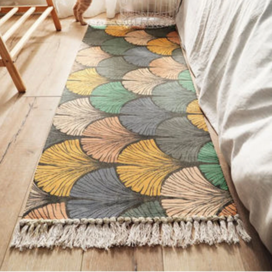 

Cotton Linen Bedside Carpet Woven Mat Bathroom Living Room Carpets Geometric Hand Made Indian Rug Bohemia Modern Printing