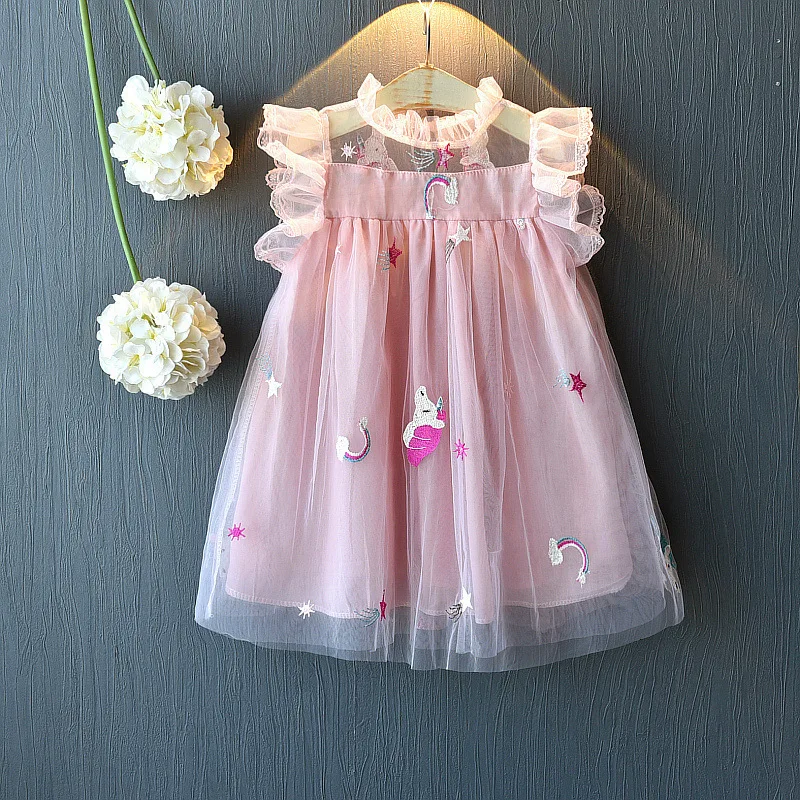 Летний костюм для девочек, детское модное Сетчатое платье принцессы, Сетчатое платье с вышивкой единорога