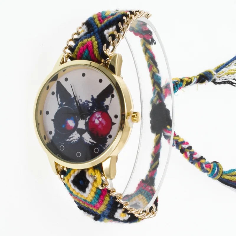 

0310 Ethnic-Style Gold-Tone Circle Watchcase Cute Cat Face Yarn Weaving DIY with Pendant Fashionable Watch Women's