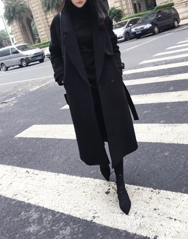 

2020 New Classic Slim Fit Medium Length Money Woolen Coat Over The Knee Black Wool What About Coat Female Winter