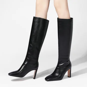 

autumn winter knee high boots women faux leather block high heel long boots slip-on square toe party dress runway shoes big size
