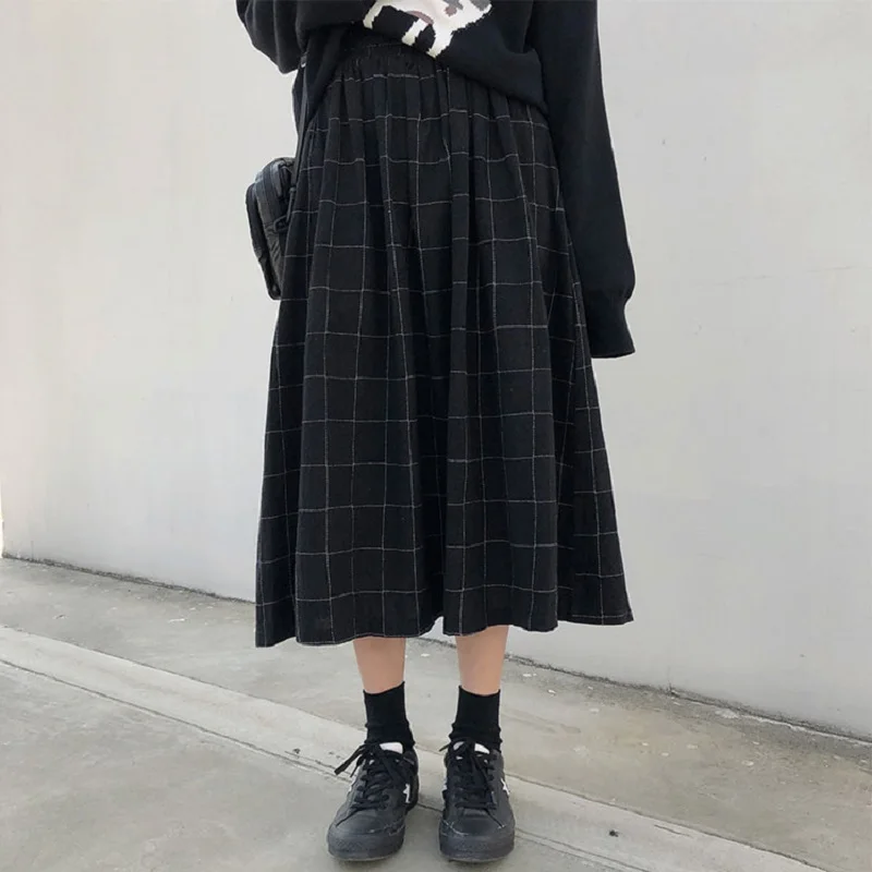 Японская женская юбка миди в стиле Харадзюку на осень и зиму, высокая талия, черный, кофейный цвет, в клетку, Saias Longue, элегантные винтажные женские юбки Kawaii, s