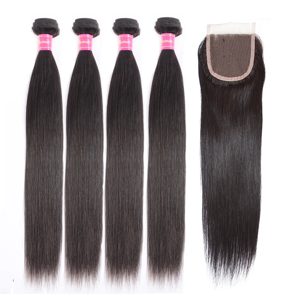 

Straight Hair 4 Bundles With Closure Human Hair Bundles With Closure Brazilian Hair Weave Bundles with 4*4 lace closure 5pcs/lot