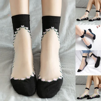 

1 Pair Breathable Ultra Thin Socks Summer Women Transparent Lace Silk Crystal Rose Flower Girls Elastic Short Socks Wholesale