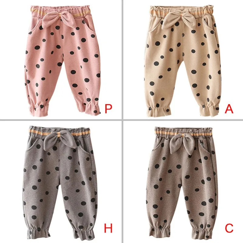 New Girls Pants Children Baby Girls Autumn Cotton Polka Dot Print Pants Casual Bow Decoration Trousers Toddler Clothes Bottoms