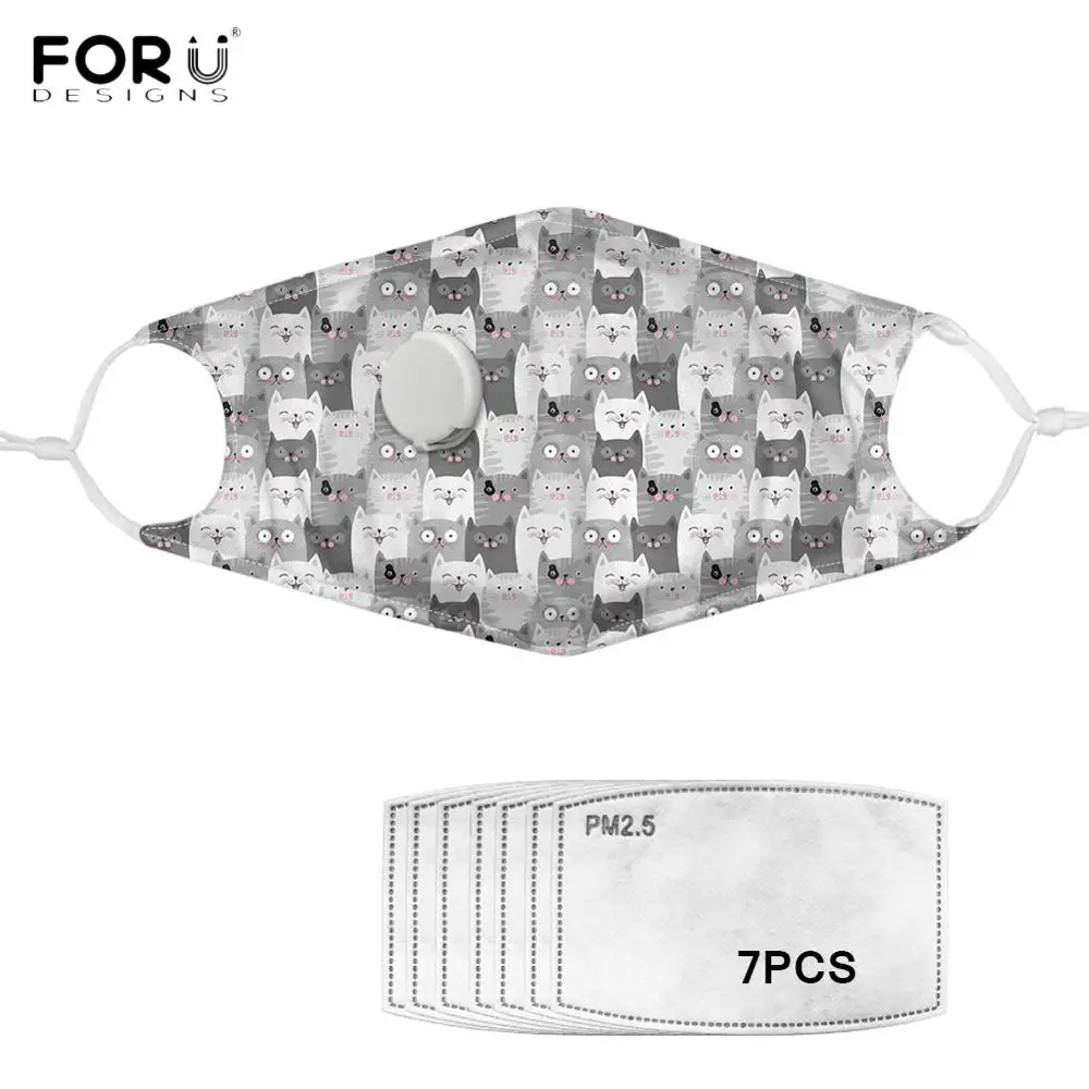 

FORUDESIGNS Breath Valve Mask With 7Pcs Filters PM2.5 Cute Cartoon Cat/Kitten Adults Mouth Mask Anti Haze Smoke Dustproof Masks