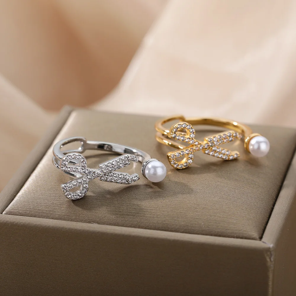 Simulated Pearl Scissor Rings For Women Zircon Crystal Engagement Wedding Ring Adjustable Open