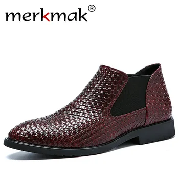 

Merkmak 2020 Hot Sale Men's boots Shoes Leather Holes Design Winter Breathable Shoes High Quality Business Men Flats Dropshiping