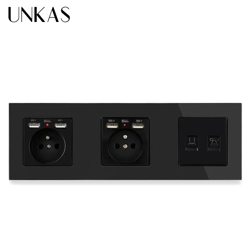Двойная французская стандартная розетка UNKAS со стеклянной панелью и 4 USB портами