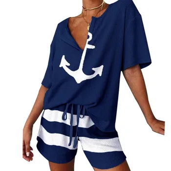 

2020 Boat Anchor Print Two Piece Set Women Casual Tracksuit Summer Sexy Suit Sets Short Sleeve Tops And Shorts 2 Pcs Outfits