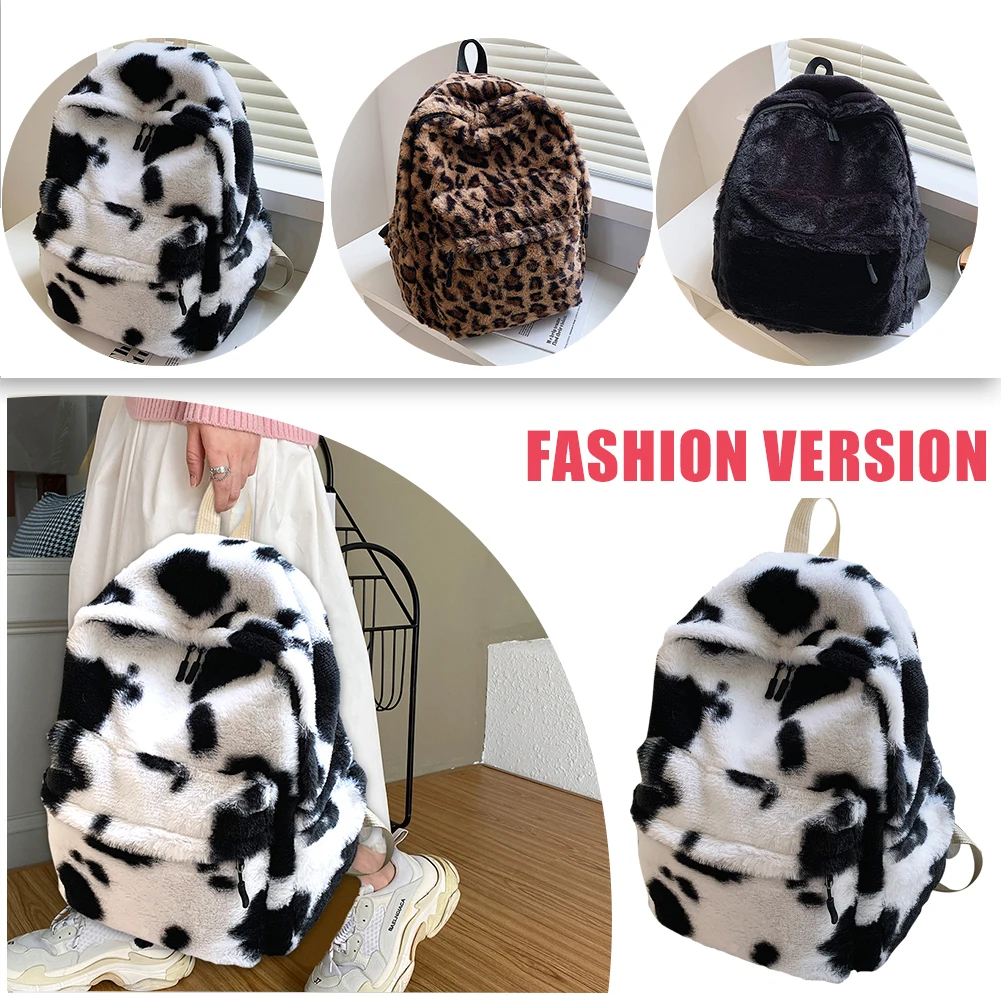 stylish evening bags 2021 Women Cow Print Backpack Multi-Pockets Shoulder Bags Winter Soft Plush Leopard Pattern Travel Bag Fluffy School Book Bag stylish backpacks for women