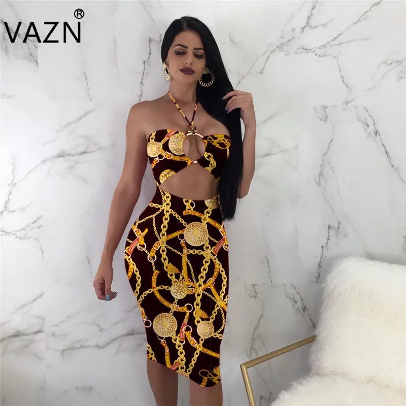 VAZN New Sexy Fahion 2018 Bohemian Design Women Retro Dress Halter Sleeveless Hollow Out Nihgt Club Slim Midi A6040 | Женская одежда