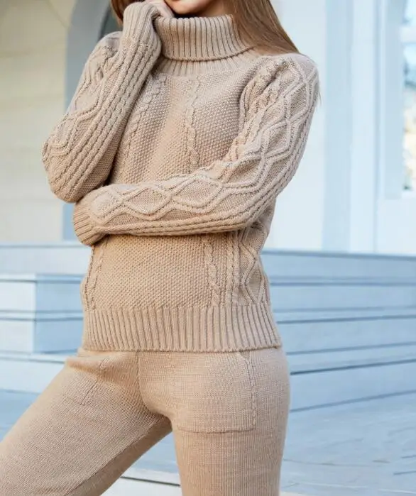 

Mooirue Winter Women Sweater Suits Knitted Tracksuit Turtleneck Pullovers Long Pants Vintage Warm Streetwear Customs Sets