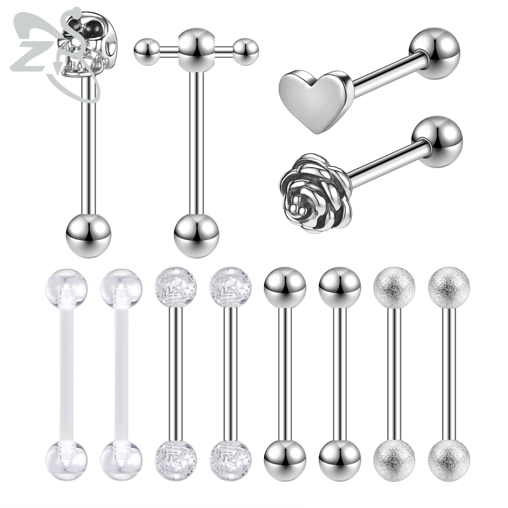 ZS 5-12pcs/lot Skull Heart Tongue Ring Set Stainless Steel Barbell Stud Piercing Acrylic Ear Helix Tragus Nipple Piercings 14G | Украшения