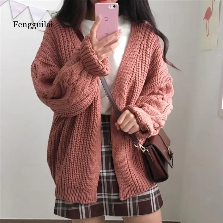 Осенний вязаный свитер для женщин Мода Harajuku Свободный теплый кардиган для женщин колледжа повседневное зимнее пальто с длинными рукавами