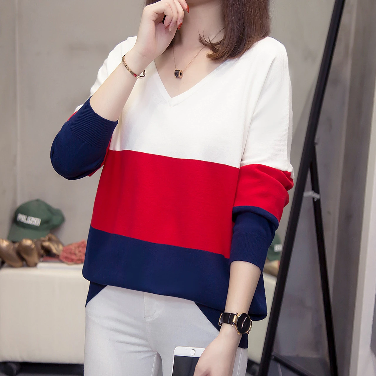 Plus Size Striped Korean Knitted Tops Sweaters Women Autumn Winter Fashion Loose V Neck Ladies Knitwear Oversized Jumpers