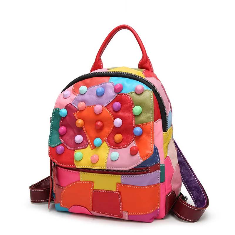 Real Sheepskin Handbag Girls European Fashion Women Backpack Genuine Leather colorful Bag For Female Designer Rivet Backpacks