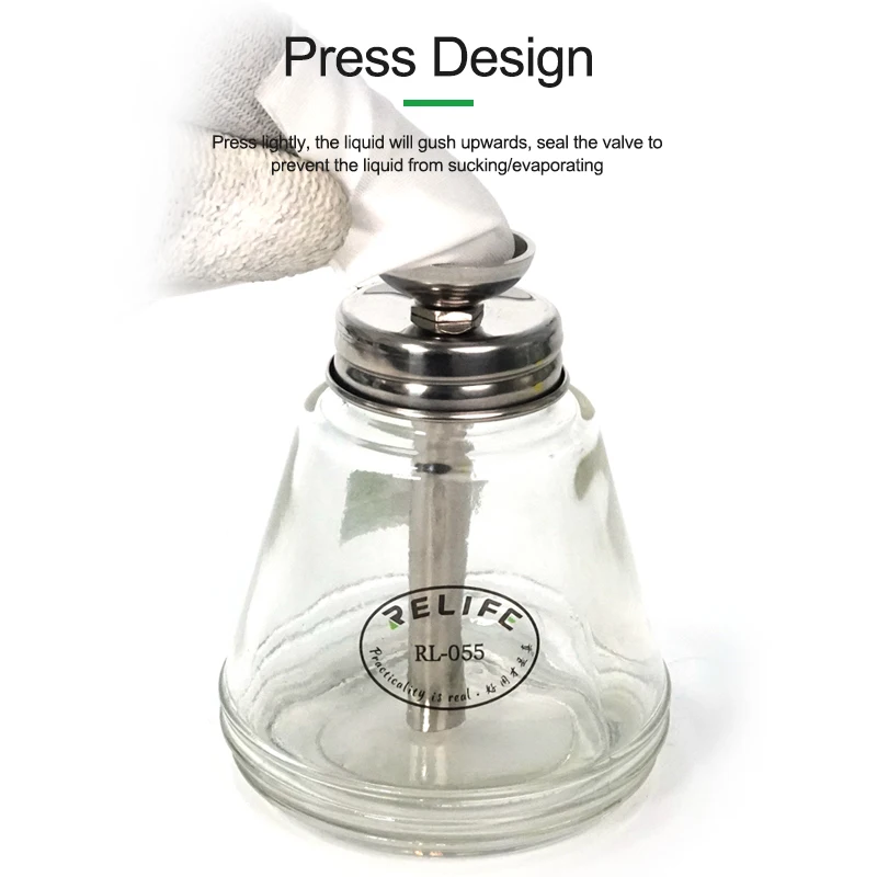 RELIFE Press Type Glass Alcohol Empty Bottle with Copper Core Anti-corrosion and Anti-Static Solution Dispenser Cleaning Bottle