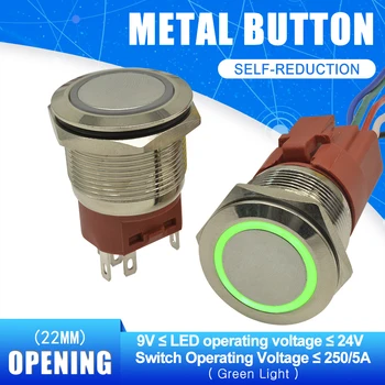 

22MM Push Button Switch 250V 5A Self Resetting Circle Round Green LED Ring Light Switch 9-24V for Car Auto