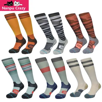 

Socks Men Sport Sock Knee High Strip Compression Socks Polyester Nylon Running Cycling Sock Protect Heel Outdoor Sports Stocking