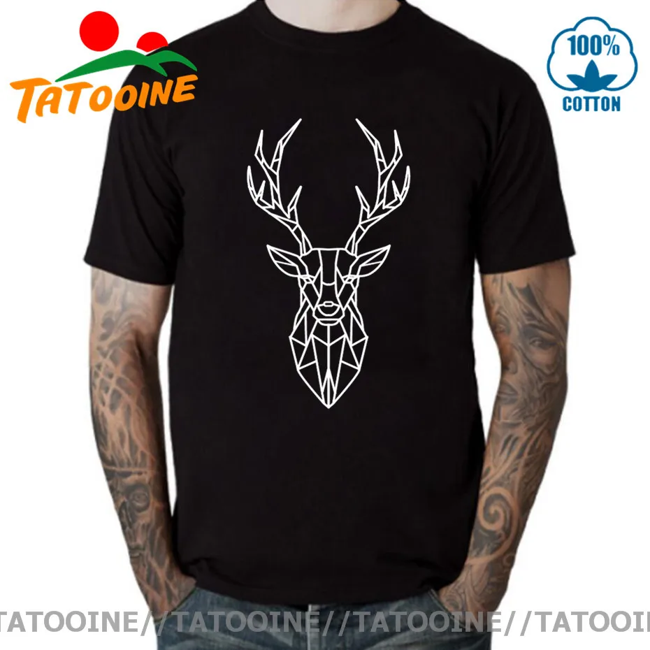 Tatooine Geometric Deer Head Men's T-shirt Funny Animal Line art Tshirt 2020 New Arrival Pure Cotton Men T shirt Unisex Tops Tee | Мужская