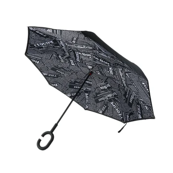 

Newspaper Coating C Handle Windproof Reverse Folding Umbrella Man Women Sun Rain Inverted Umbrellas Double Layer Anti UV