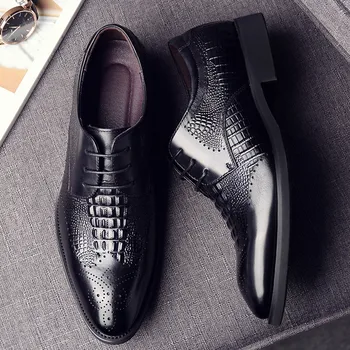 

Men's dress shoes spring fashion new crocodile pattern leather men's business dress shoes men's pointed lace casual shoes