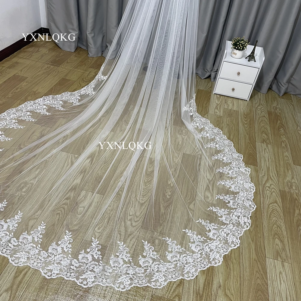 Real Photo High Quality 3-Meter One Layer Elegant Luxury Long Wedding Veil Bridal Veils Shiny Lace Veil Silver Bone with Comb