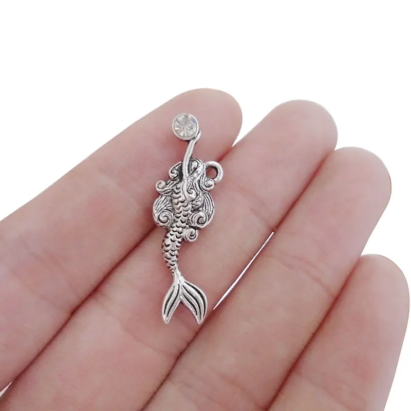 

20x Tibetan Silver Rhinestone Mermaid Charms Pendant Beads For Necklace Jewelry Making Findings 32x10mm