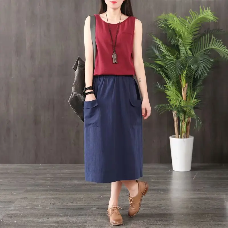 

Japanese Style Korean-style Casual Versatile Solid Color Loose Elastic Waist Cotton Linen Pocket Skirt 2019 Spring And Summer Ne